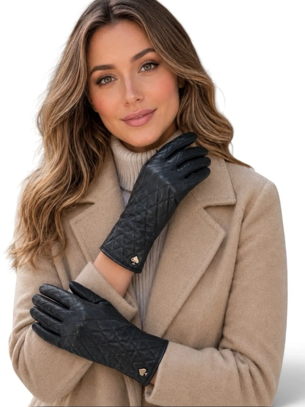 Kate Spade New York Quilted Leather Touchscreen Gloves Black Size L NWT